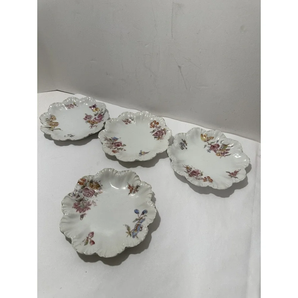 LIMOGES France Set 4 Salad/Dessert Plates Pink Flowers Scalloped Rim 6.5